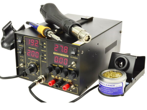 Estación de soldadura 3 en 1 / WEP 853D-5A / aire caliente, cautín y fuente regulada 0-30V/5A