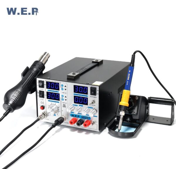 Estación de soldadura 3 en 1 / WEP 853D+5A / aire caliente, cautín y fuente regulada /versión de lujo en ALUMINIO