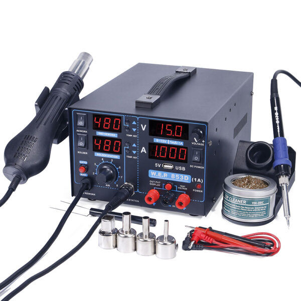 Estación de soldadura 3 en 1 WEP 853D-1A / aire caliente, cautín y fuente regulada 15V / 1A