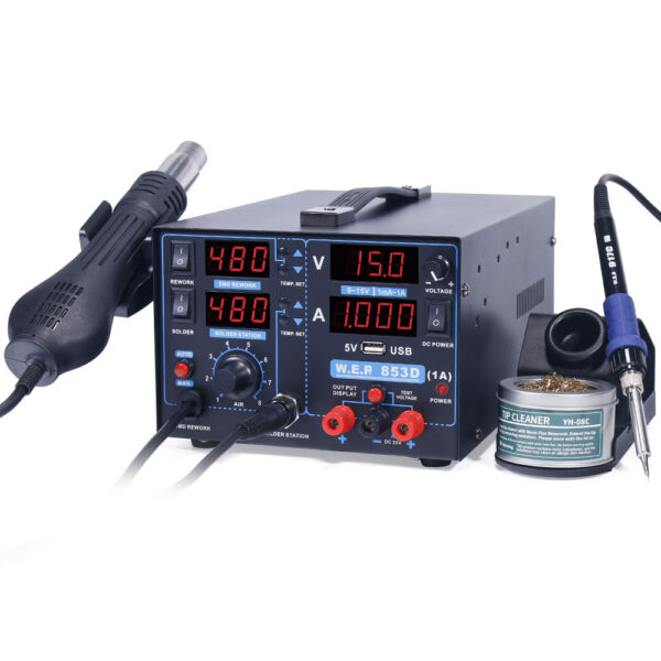 Estación de soldadura 3 en 1 WEP 853D-1A / aire caliente, cautín y fuente regulada 15V / 1A - Imagen 2