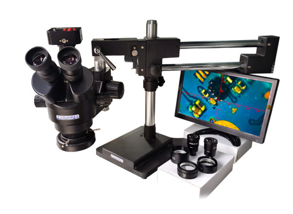 Microscopio OPTICO Profesional SZM35180 / monitor LCD 11.6" HDMI / cámara HD / Base doble brazo /Barlow 2-0,7- 0,5 / Oculares 10-20X / luz led alto brillo