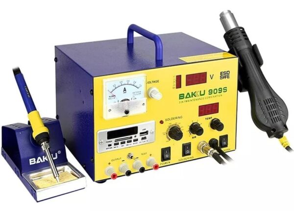 Estación de soldadura 4 en 1 / BK 909 S aire caliente, cautín, radio con mp3 y fuente regulada
