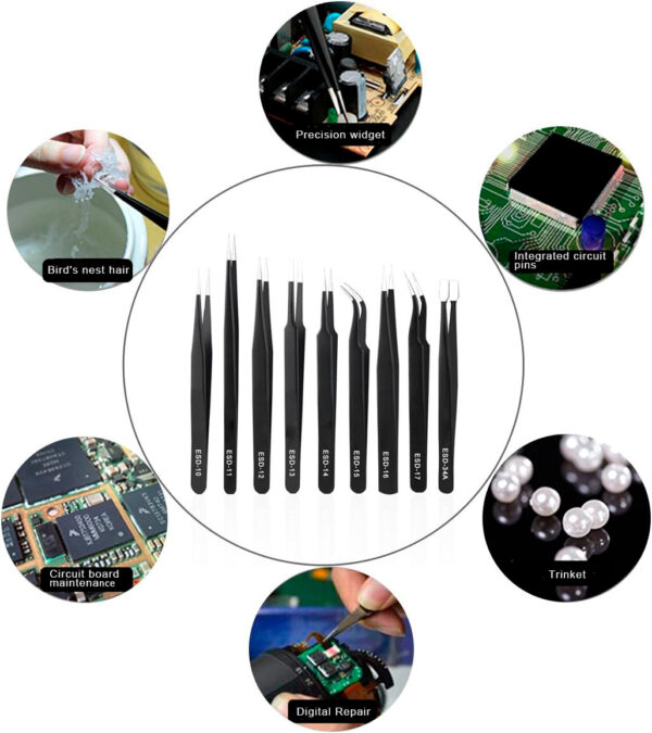 Set pinzas antiestáticas ESD x 9 / estuche lona - Imagen 3